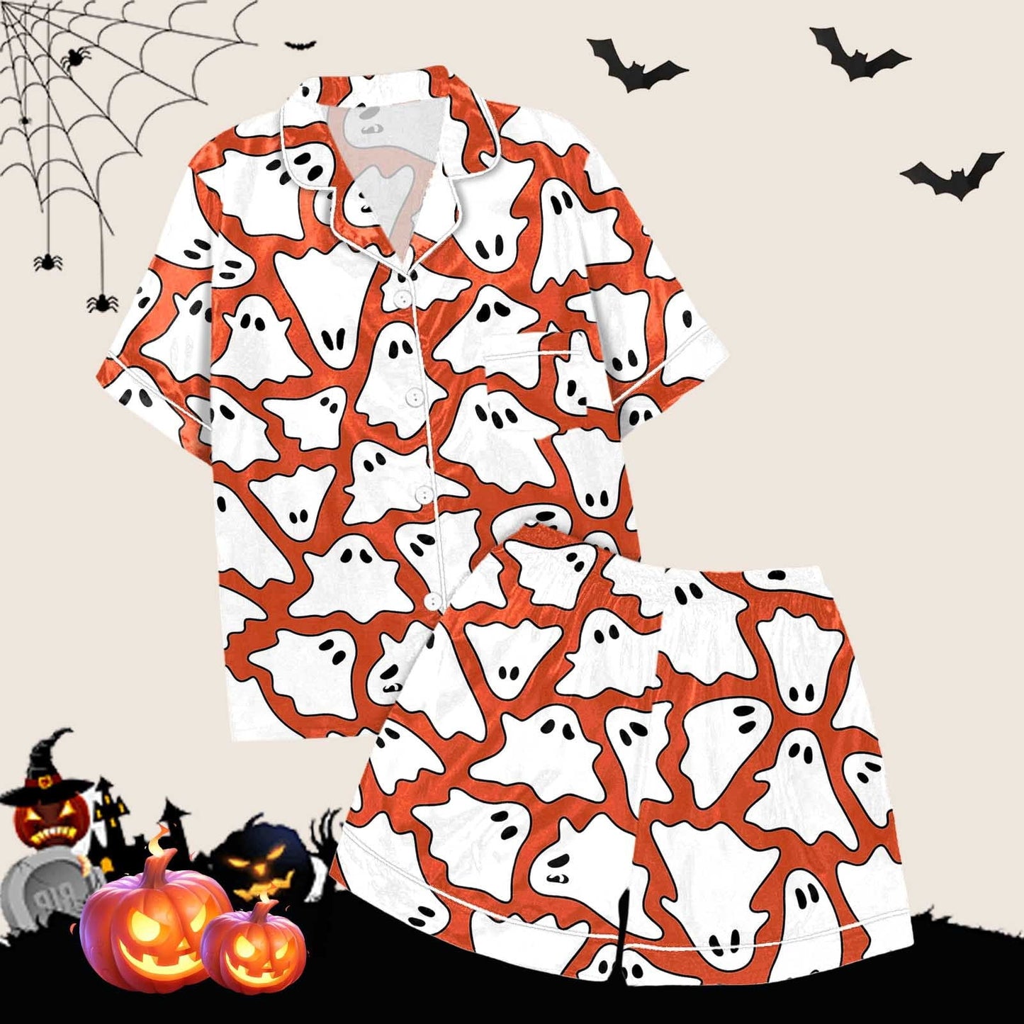 Halloween Blue Pajamas for Women Set Women Pajamas Graphic Printed Silk Satin Cute Sleepwear Buttons Short Sleeve Tops Shorts Sets Womens Sleepwear_Orange_M