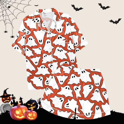 Halloween Blue Pajamas for Women Set Women Pajamas Graphic Printed Silk Satin Cute Sleepwear Buttons Short Sleeve Tops Shorts Sets Womens Sleepwear_Orange_M