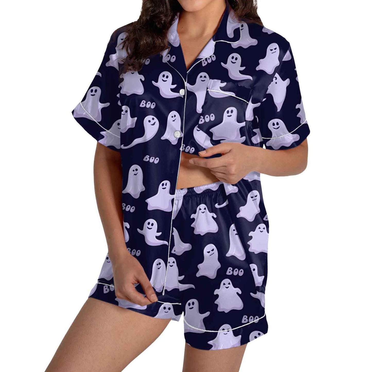 Halloween Blue Pajamas for Women Set Women Pajamas Graphic Printed Silk Satin Cute Sleepwear Buttons Short Sleeve Tops Shorts Sets Womens Sleepwear_Purple