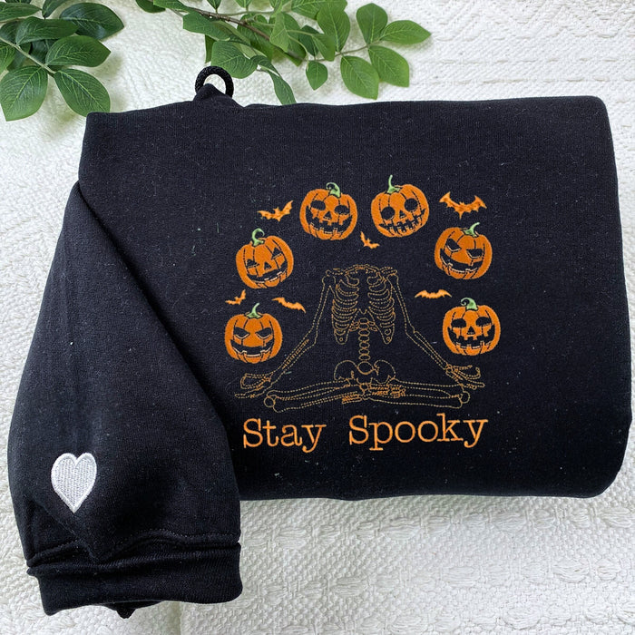 Halloween Pumpkin Sweatshirt, Embroidered Skeleton Hoodie