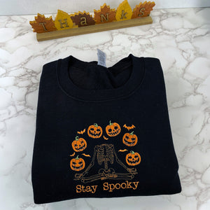 Halloween Pumpkin Sweatshirt, Embroidered Skeleton Hoodie