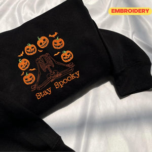 Halloween Pumpkin Sweatshirt, Embroidered Skeleton Hoodie