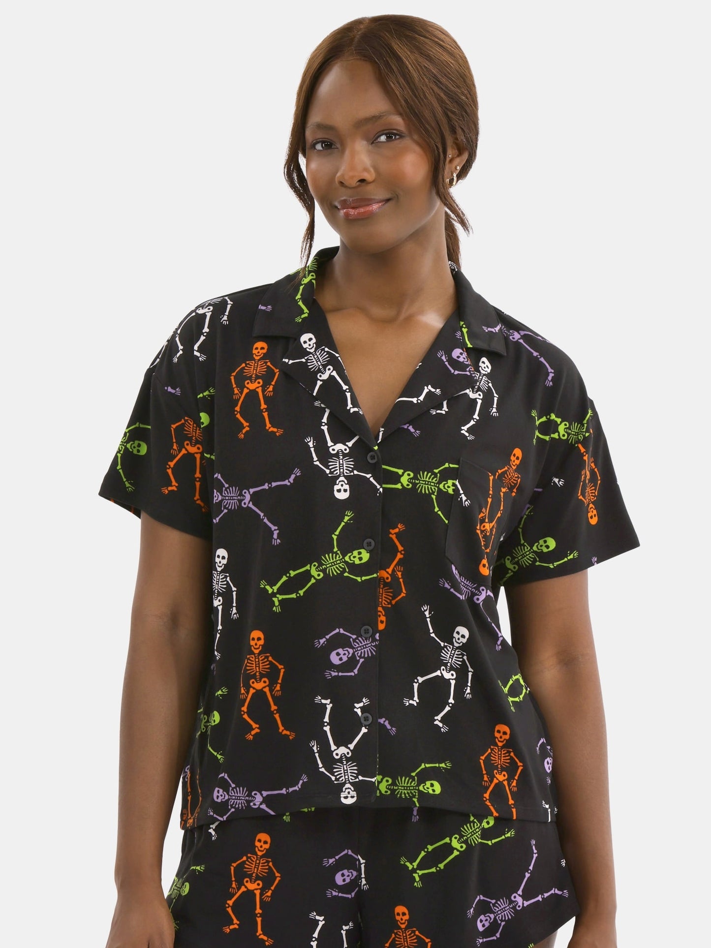 Halloween Women’s Skeleton Printed Notched Top and Shorts Pajama Set from Way to Celebrate