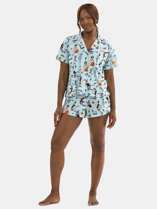 Halloween Women’s Spooky Printed Notched Top and Shorts Pajama Set from Way to Celebrate