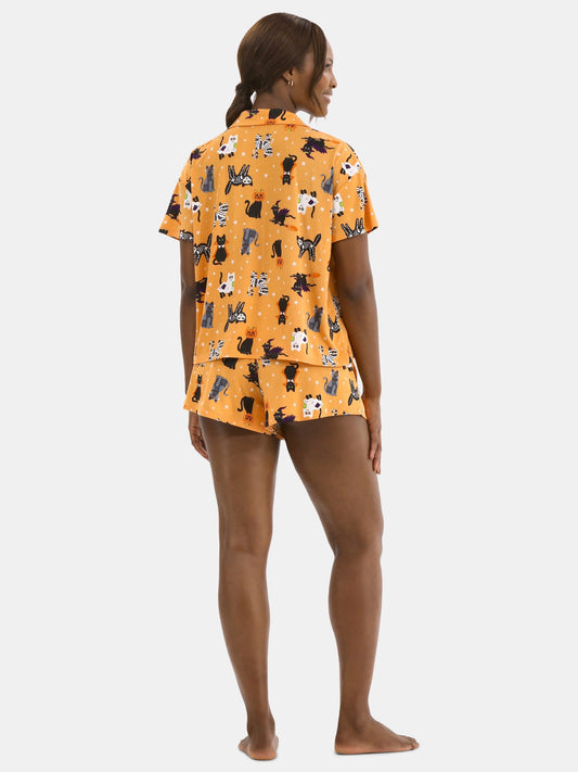 Halloween Women’s Pumpkin Cat Printed Notched Top and Shorts Pajama Set from Way to Celebrate