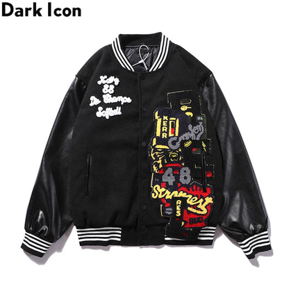 Dark Icon PU Leather Patchwork Bomber Jacket Embroidery Padded Thick Winter Men's Jackets Baseball Jacket Man