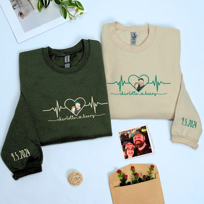 Heartbeat Hoodie or Sweatshirt, Custom Embroidered for Couples Gift with Roman Numeral, Your Photo, Est Year
