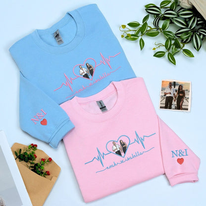 Heartbeat Hoodie or Sweatshirt, Custom Embroidered for Couples Gift with Roman Numeral, Your Photo, Est Year
