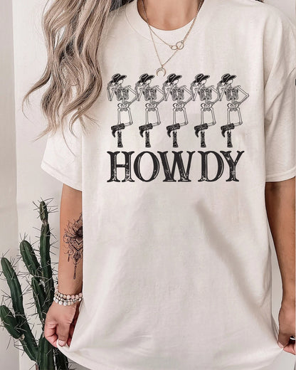 Howdy Cowboy Tee, Skeleton Cowboy Tee, Dancing Skeleton Tee, Boho Tee, Vintage Inspired Cotton T-shirt, Unisex  gift, Western Graphic