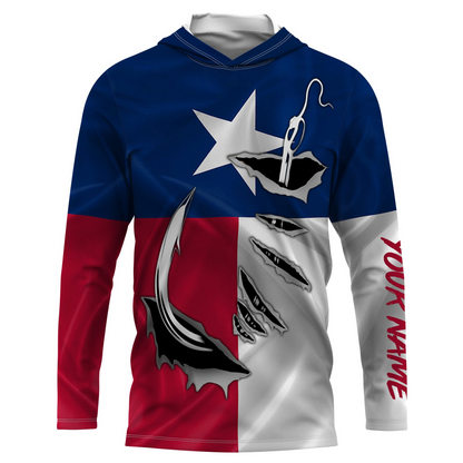 TX Fishing 3D Fish Hook Texas Flag UV protection custom long sleeves shirts personalized fishing apparel gifts