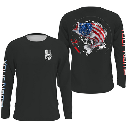 Bass American Flag Custom Long Sleeve Fishing Shirts, Patriotic Fishing gifts