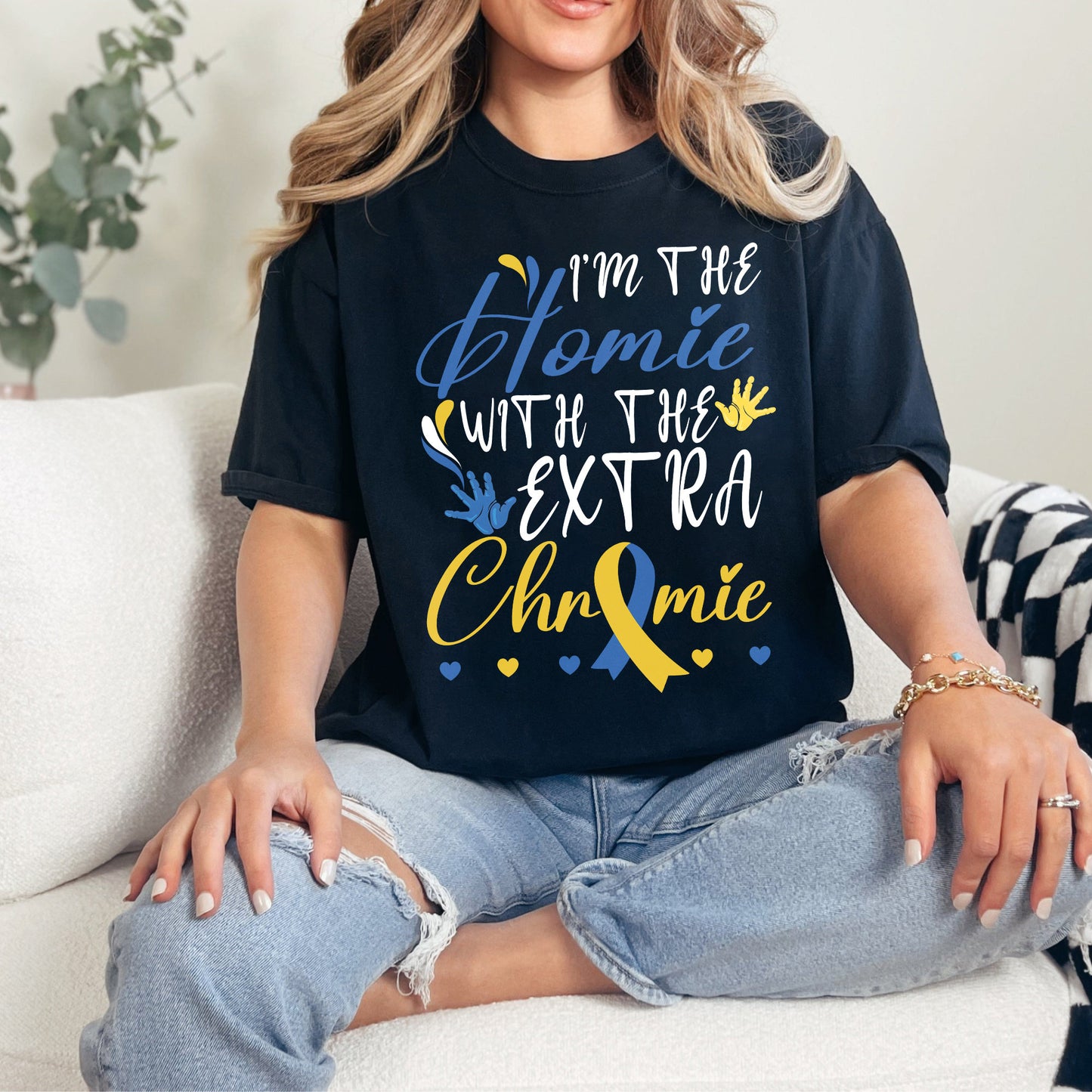 I Am The Homie With Extra Chromie Shirt, Down Awareness Tees, Down Syndrome Yellow Blue Ribbon Shirt, Chromosome Down Syndrome Shirt