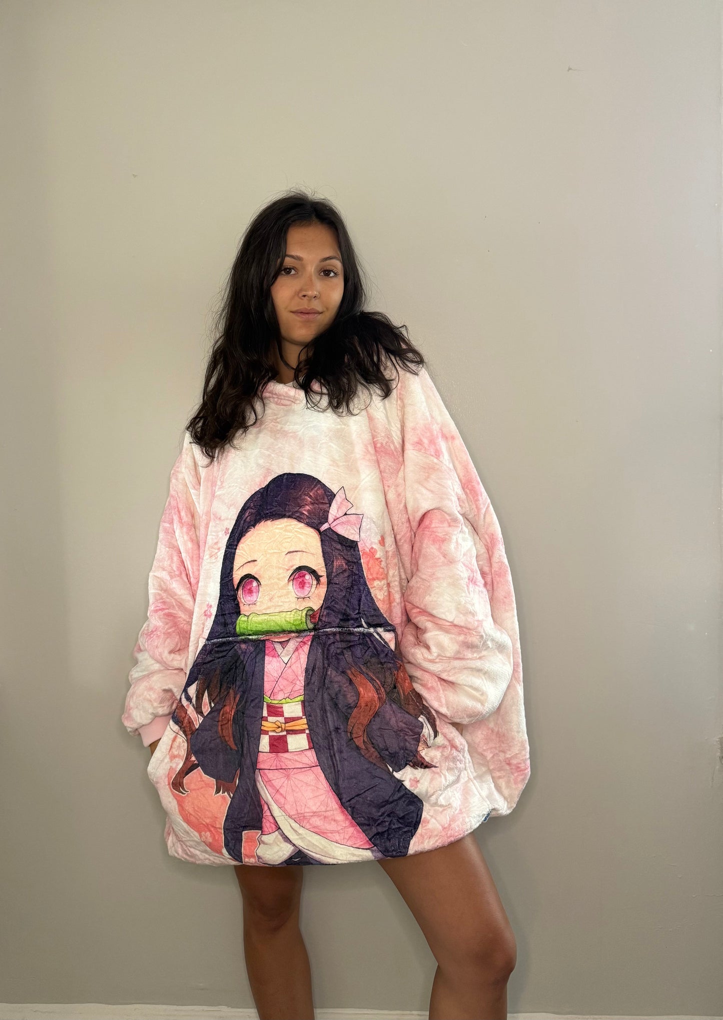 Nezuko Kamado Demon Slayer Anime wearable Blanket Hoodie  oversize snuggle Sherpa unisex adults and kids