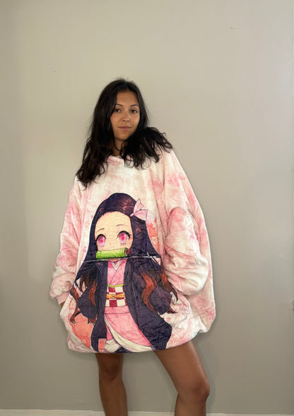 Nezuko Kamado Demon Slayer Anime wearable Blanket Hoodie  oversize snuggle Sherpa unisex adults and kids