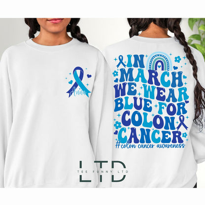 In March We Wear Blue Shirt, Cancer Fighter Support Shirt,Dark Blue Ribbon,Colon Cancer Awareness Shirt, Cancer Warrior Shirt, Survivor Gift