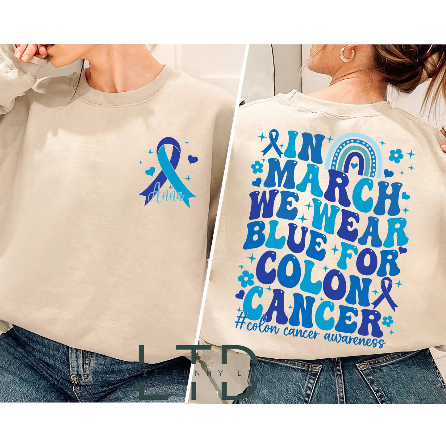 In March We Wear Blue Shirt, Cancer Fighter Support Shirt,Dark Blue Ribbon,Colon Cancer Awareness Shirt, Cancer Warrior Shirt, Survivor Gift