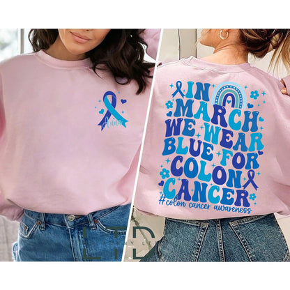 In March We Wear Blue Shirt, Cancer Fighter Support Shirt,Dark Blue Ribbon,Colon Cancer Awareness Shirt, Cancer Warrior Shirt, Survivor Gift