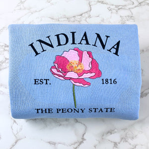 Indiana State Sweatshirt or Hoodie, Embroidered Gift - Est. 1816 Peony Flower