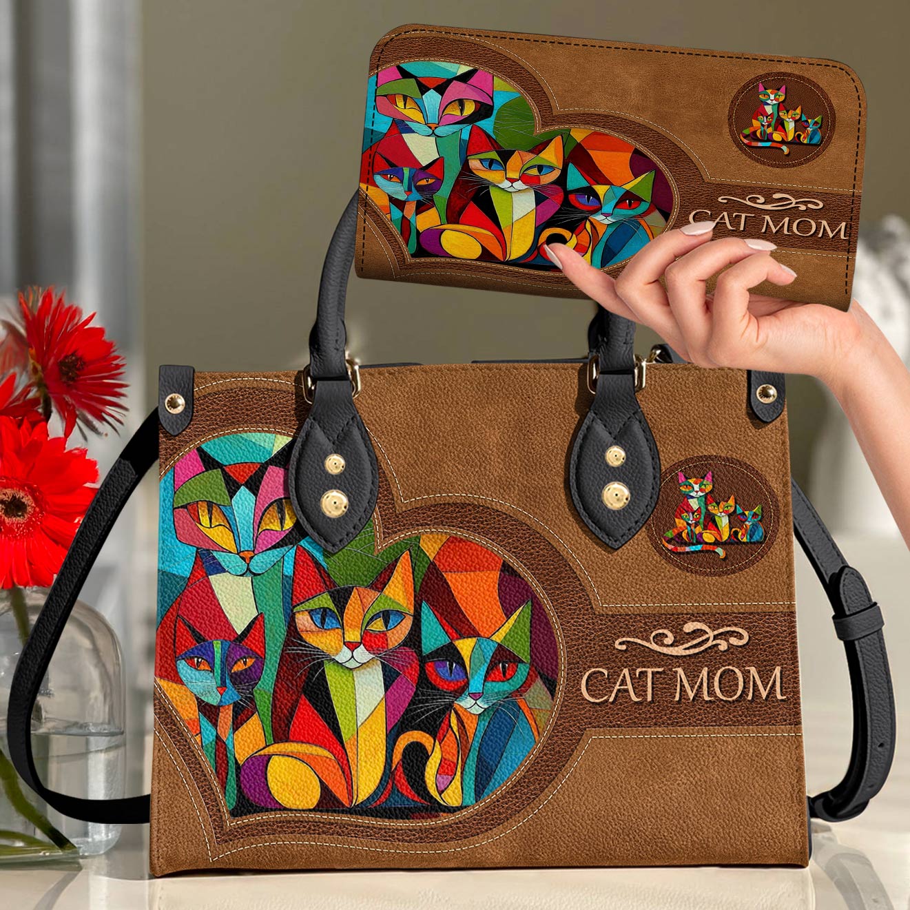 Leather Bag Colorful Cubism Cat Mom