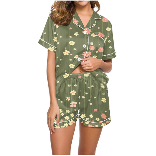 Halloween Pajamas Fashion Casual Printed Short Sleeve Lapel Top with Shorts Loose Comfortable Home Pajama Set Green