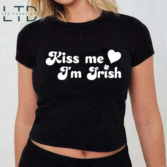 Kiss Me I'm Irish Cropped Tee, St Paddys Baby Tee, St Patricks Day Shirt, 90s Style Tee, St. Patrick's Day Cropped Tee, Women's Fitted Top