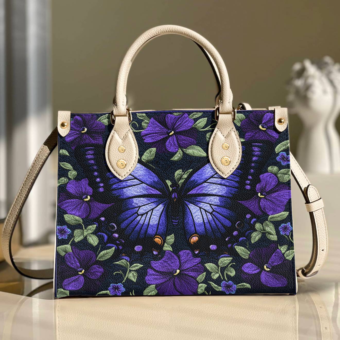 Leather Bag Purple Floral Butterfly
