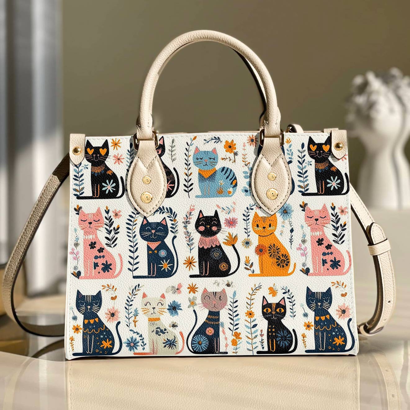 Leather Bag Midnight Meows And Morning Blooms