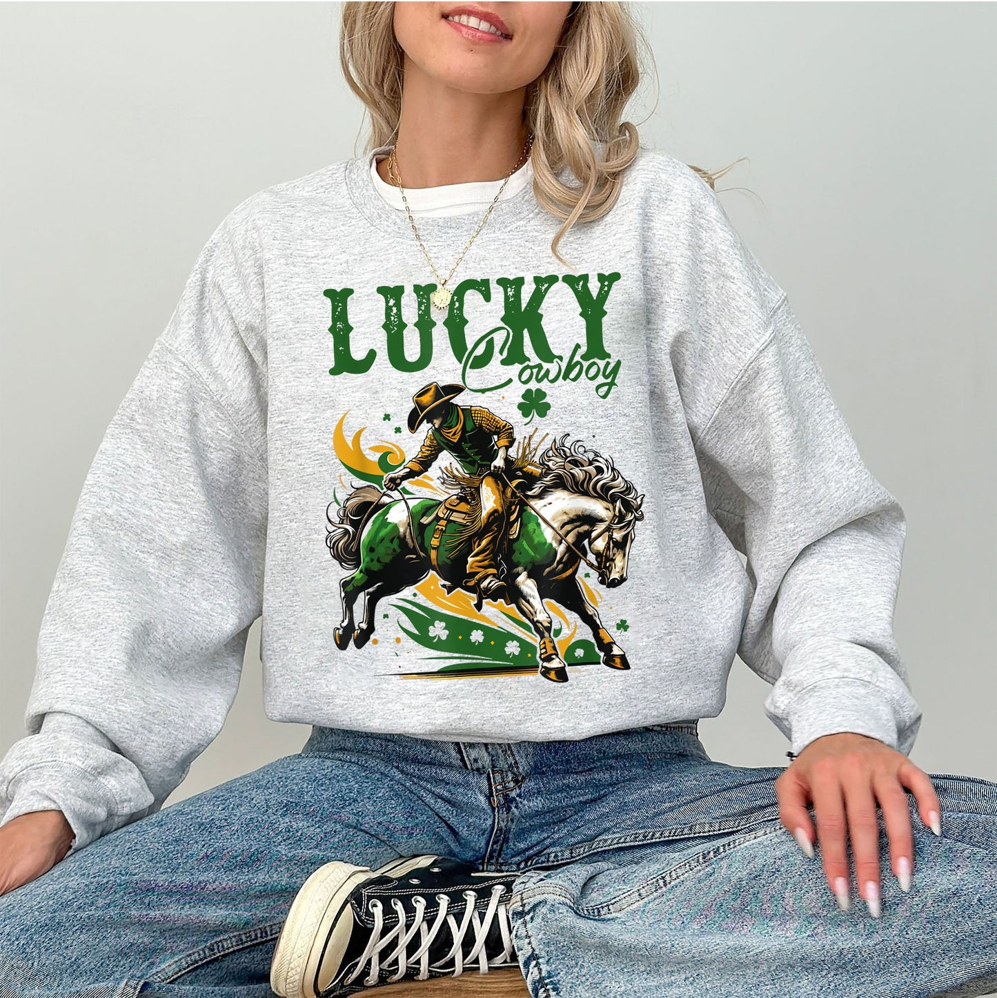 Lucky Cowboy Horse Sweatshirt, Western St Patricks Day Shirt, Lucky Horse Shirt, Irish Gifts, Cowboy Sweatshirt for Women, Four Leaf Clover