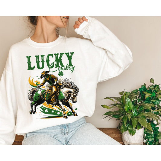 Lucky Cowboy Horse Sweatshirt, Western St Patricks Day Shirt, Lucky Horse Shirt, Irish Gifts, Cowboy Sweatshirt for Women, Four Leaf Clover