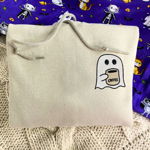 Little Ghost Coffee Crewneck, Embroidered Halloween Sweatshirt, Hoodie