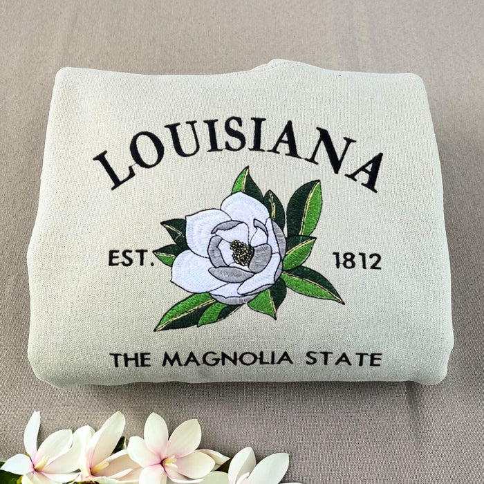 Louisiana State Sweatshirt or Hoodie, Embroidered Gift - Est. 1812 Magnolia Flower