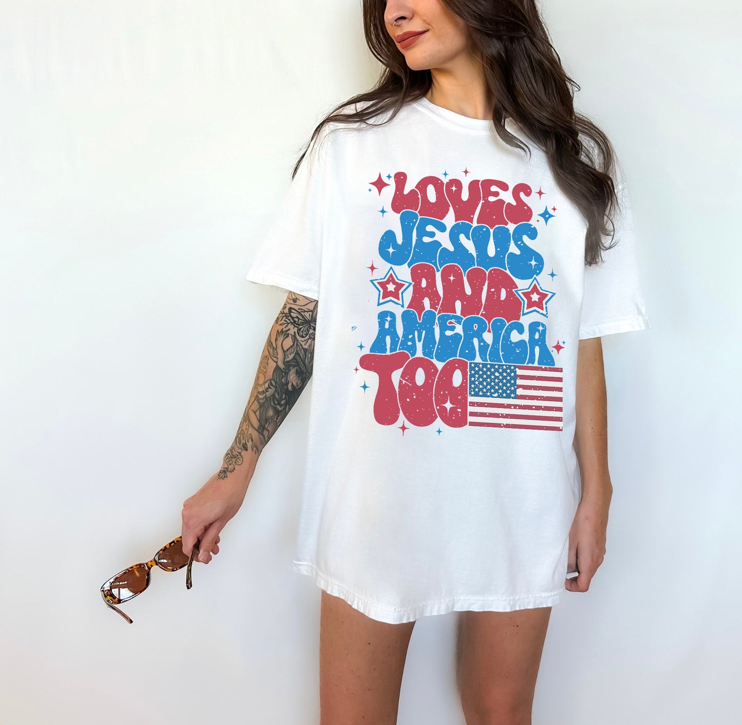 Loves Jesus And America Too Shirt, Red White And Blue Tee, Fourth Of July Shirt, America Shirt, Song Inspired Patriotic Shirt, 4th Of July Shirt
