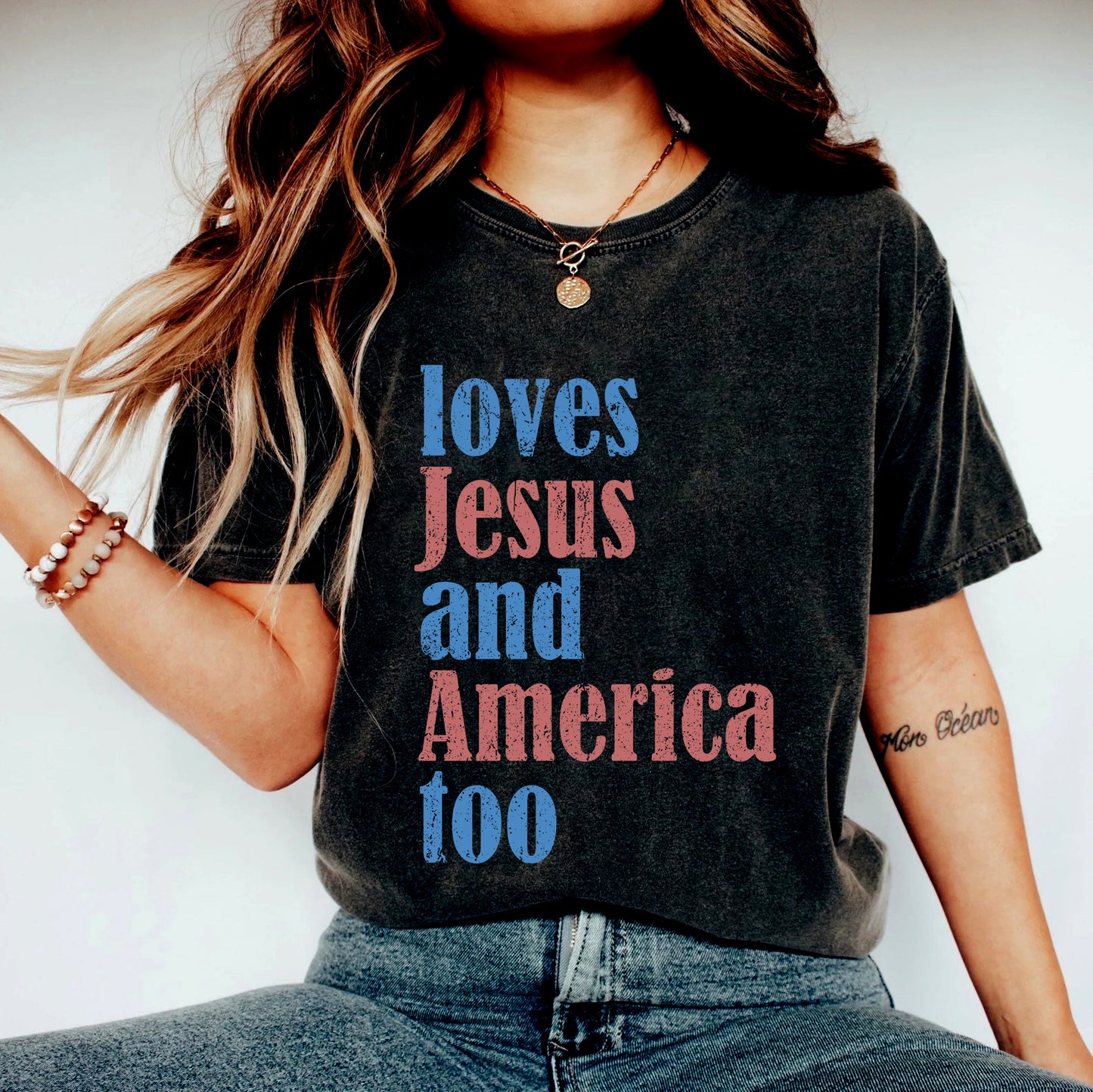 Loves Jesus And America Too T-shirt, Patriotic Christian Shirt, Independence Day Gift, USA Shirt, Red White And Blue Shirt, God Bless America