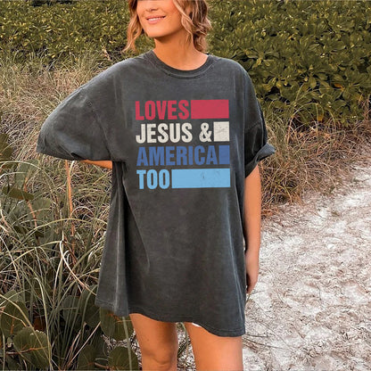 Elsker Jesus og Amerika også skjorte, 4. juli skjorte, 4. juli skjorte, America skjorte, Independence Day skjorte, Patriotic Christian skjorte