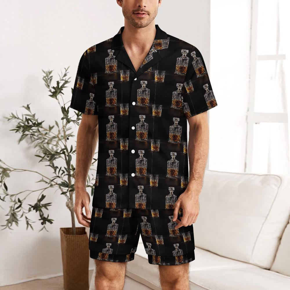 Men's Pajama Set With Whiskey Decanter Print, Ice Silk Loungewear For Men, Two Piece Sleepwear Shorts Set, Gift For Whiskey Lovers 4327374161