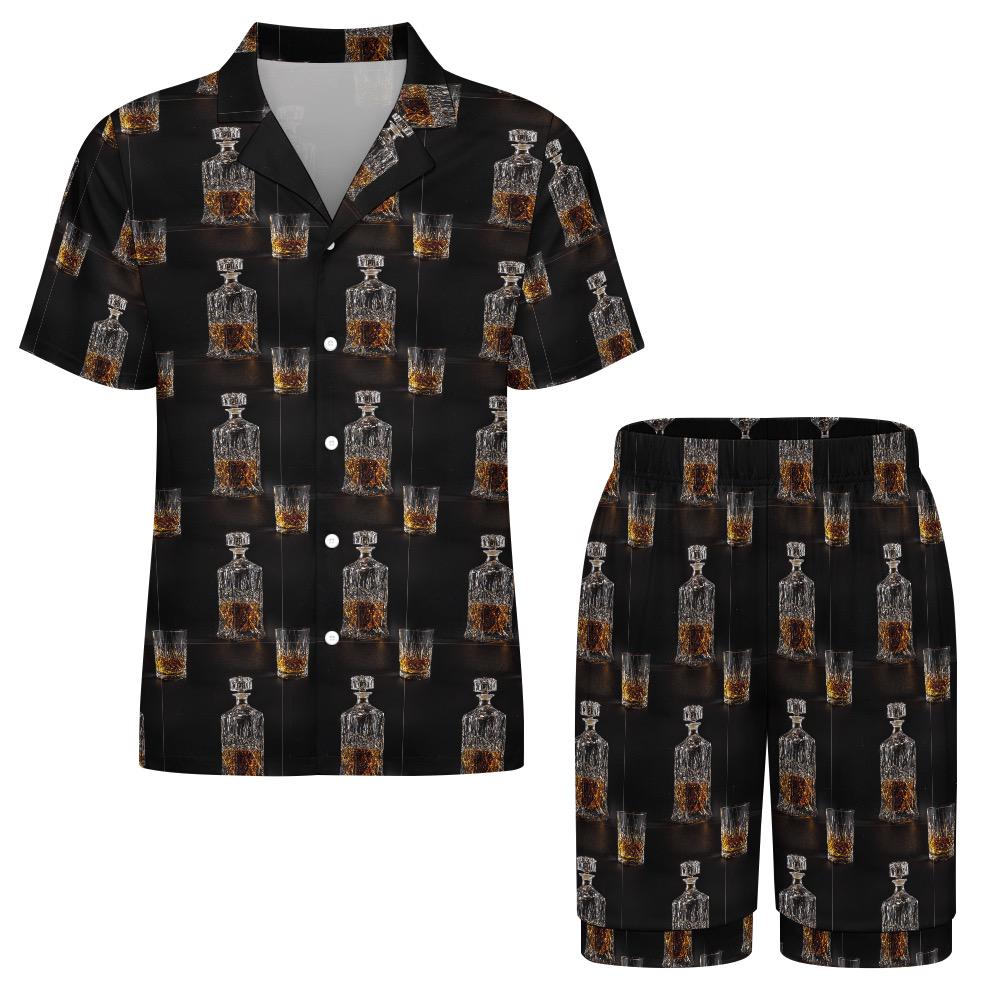 Men's Pajama Set With Whiskey Decanter Print, Ice Silk Loungewear For Men, Two Piece Sleepwear Shorts Set, Gift For Whiskey Lovers 4327374161