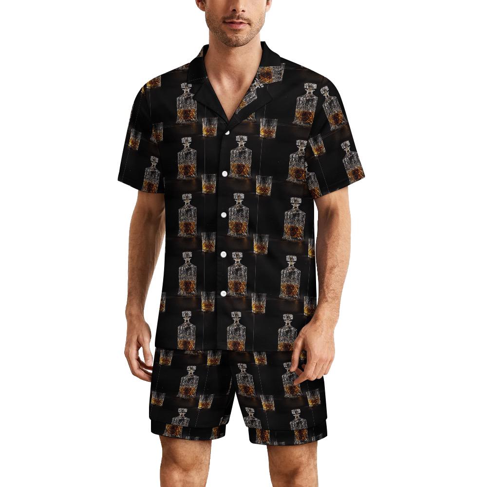 Men's Pajama Set With Whiskey Decanter Print, Ice Silk Loungewear For Men, Two Piece Sleepwear Shorts Set, Gift For Whiskey Lovers 4327374161