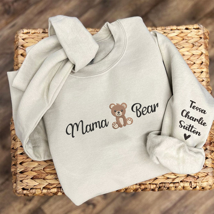 Mama Bear Sweatshirt or Hoodie with Embroidered Kids Name on Sleeve