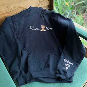 Mama Bear Sweatshirt or Hoodie with Embroidered Kids Name on Sleeve