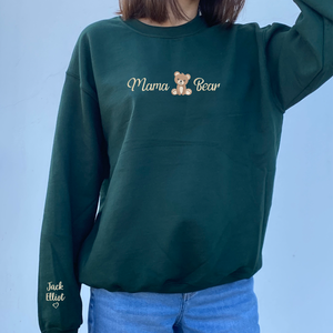 Mama Bear Sweatshirt or Hoodie with Embroidered Kids Name on Sleeve