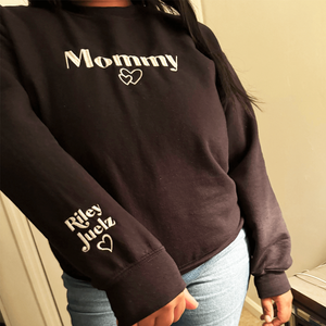 Mama Bear Sweatshirt or Hoodie with Embroidered Kids Name on Sleeve