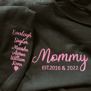 Mama Bear Sweatshirt or Hoodie with Embroidered Kids Name on Sleeve