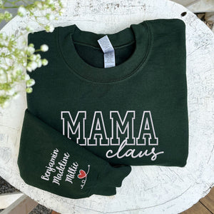 Mama Claus Sweatshirt or Hoodie with Embroidered Kids Names on Sleeve