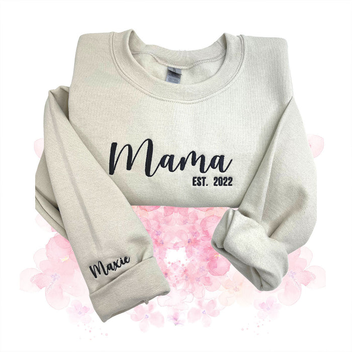 Mama EST Sweatshirt or Hoodie, Embroidered Gift for Mother's