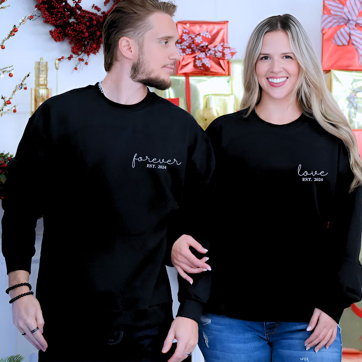 Matching Forever Love Hoodies or Sweatshirts, Custom Embroidered Gift for Couple Valentine Day