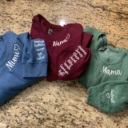 Mimi Sweatshirt with GrandKids Names on Sleeve, Embroidered Gift for Mimi