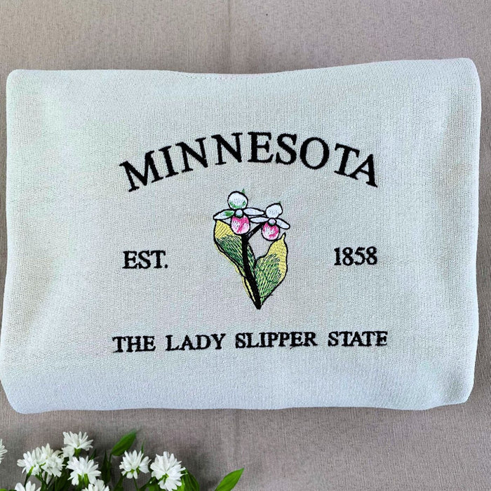 Minnesota State Sweatshirt or Hoodie, Embroidered Gift - Est. 1858 Lady Slipper Flower