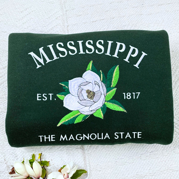 Mississippi State Sweatshirt or Hoodie, Embroidered Gift - Est. 1817 Magnolia Flower