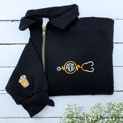 Monogrammed Circle Stethoscope Quarter Zip Sweatshirt or Hoodie, Embroidered Gift for Nurse
