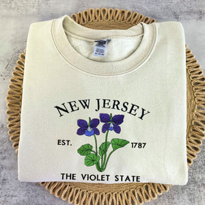 New Jersey State Sweatshirt or Hoodie, Embroidered Gift - Est. 1787 Violet Flower